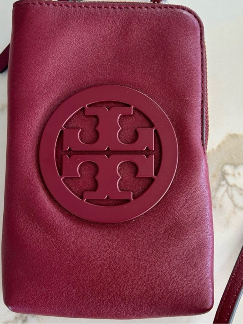 Tory Burch Burgundy Leather Logo Crossbody Wallet